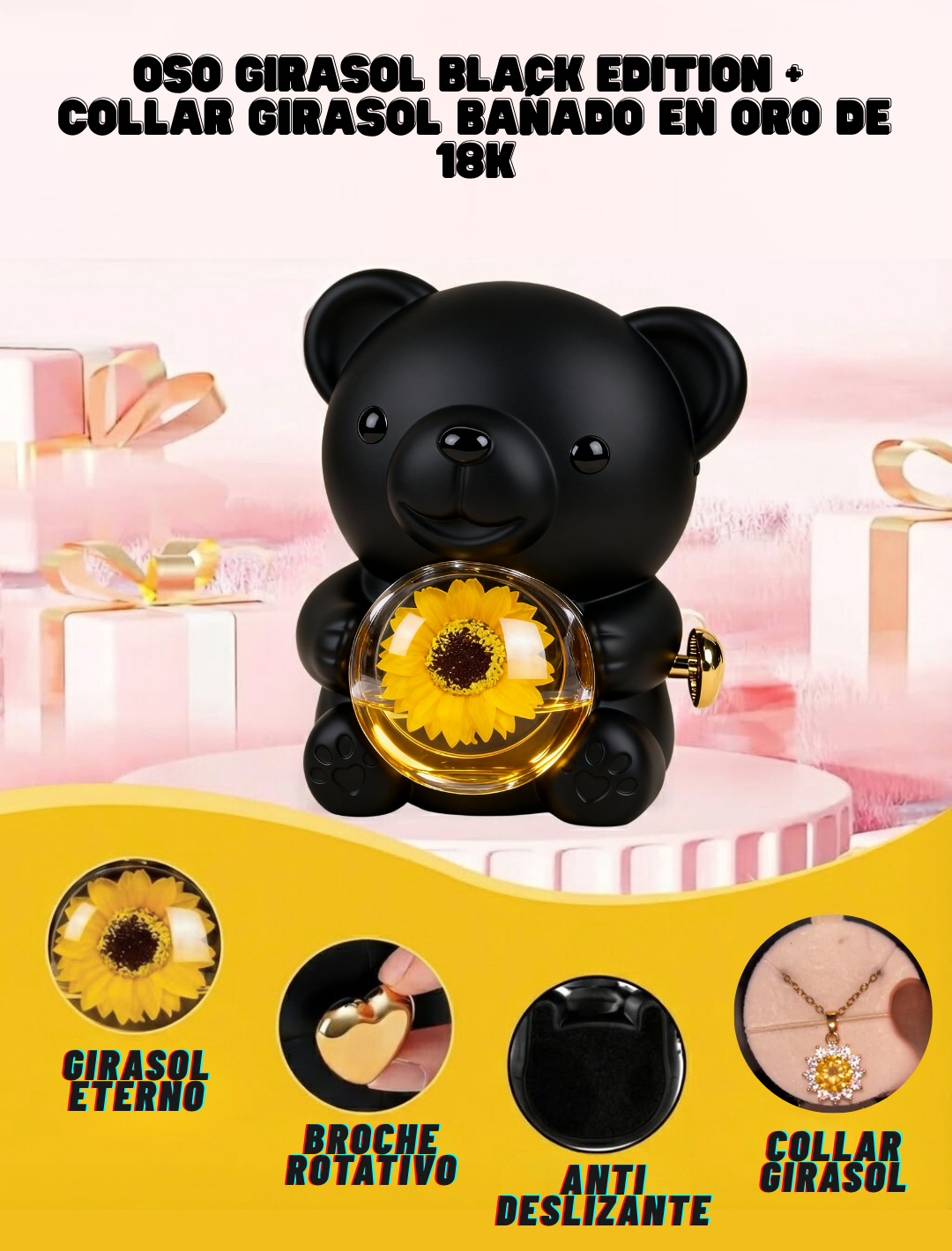 Oso Girasol Black Edition + Collar Girasol Bañado en Oro de 18K